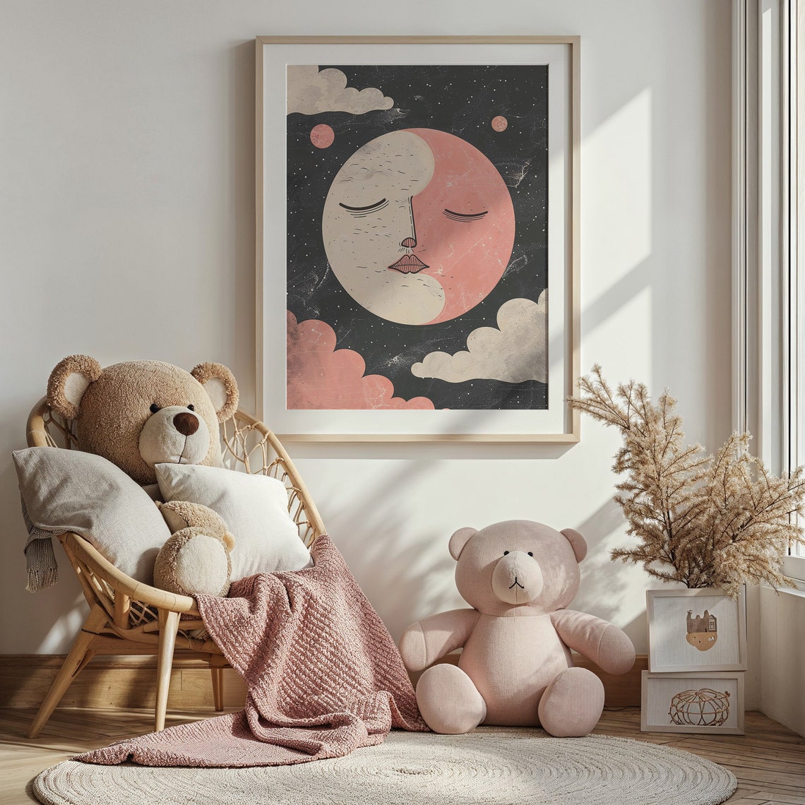 Abstract Split Moon Face Pink Cream Cosmic Starry Night Sky Poster - Image 3