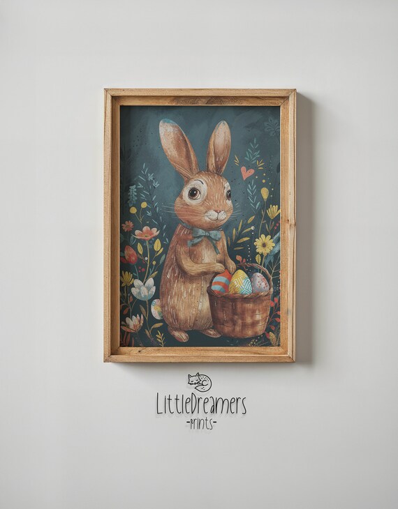 Brown Bunny Bow Tie Egg Basket Vintage Floral Easter Kids Poster