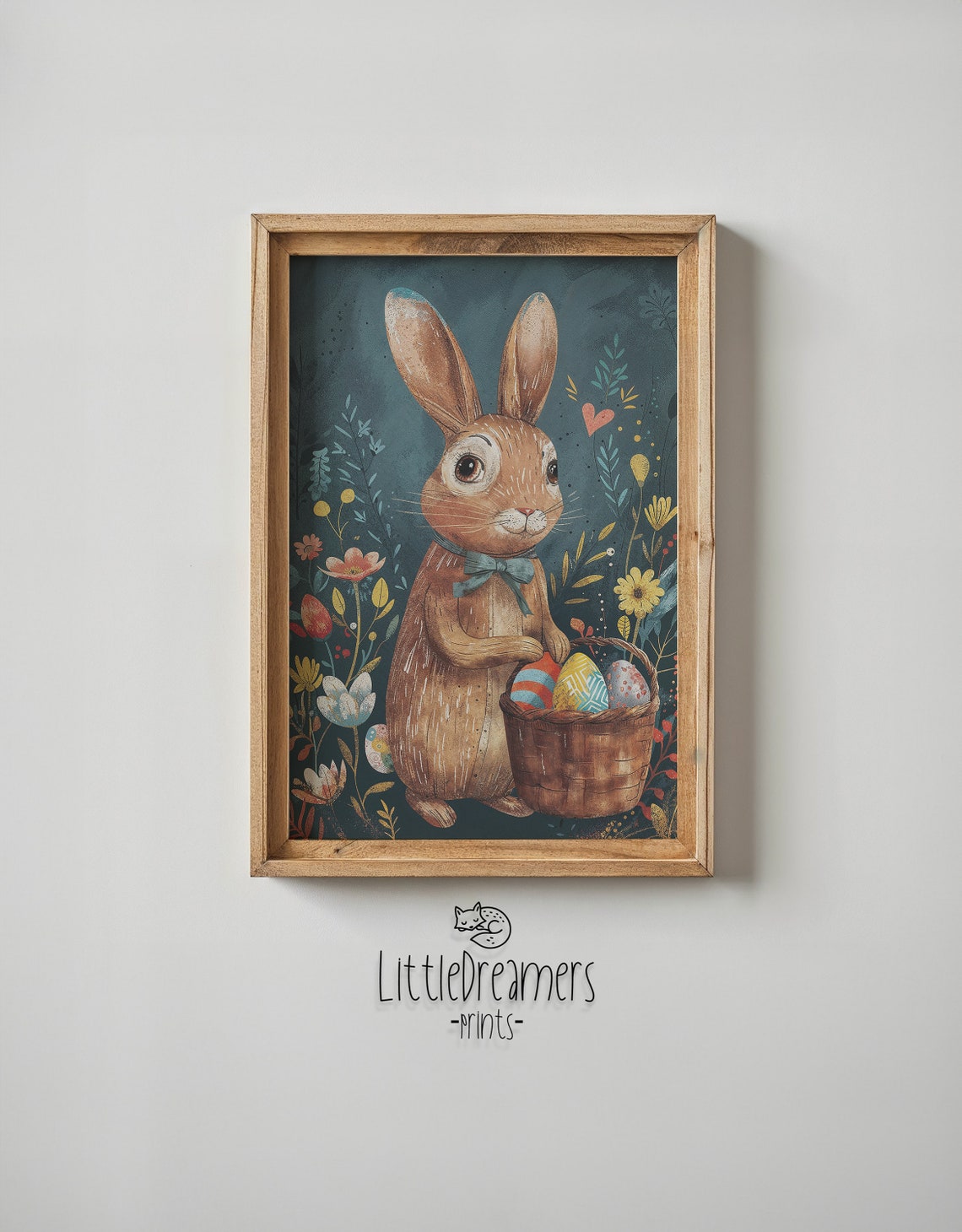 Brown Bunny Bow Tie Egg Basket Vintage Floral Easter Kids Poster