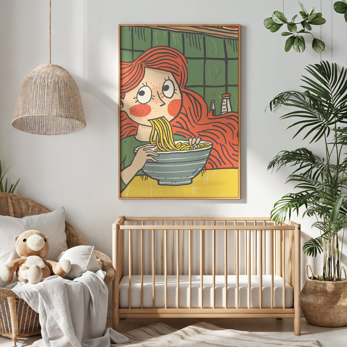 Red Hair Girl Eating Noodles Ramen Cartoon Kitchen Wall Art Poster - Image 2
