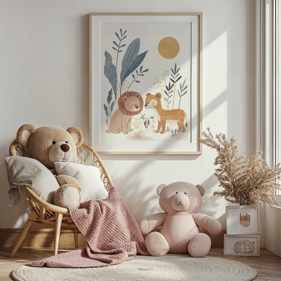 Lion And Cheetah Safari Nursery Poster Sun Leaves Kids Room Art - Image 2