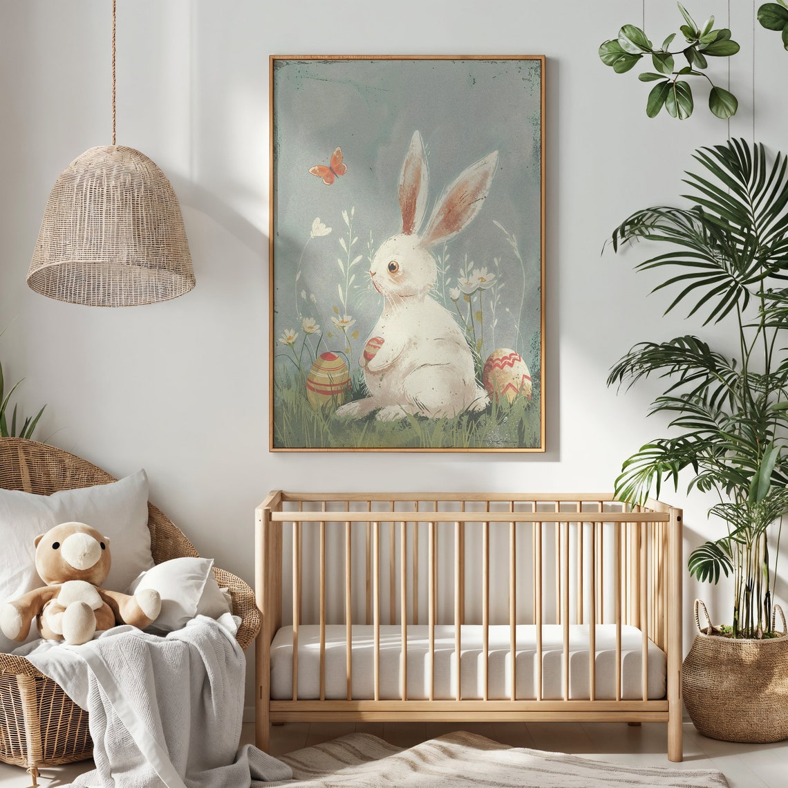 White Bunny Meadow Daisies Patterned Eggs Vintage Spring Poster - Image 3