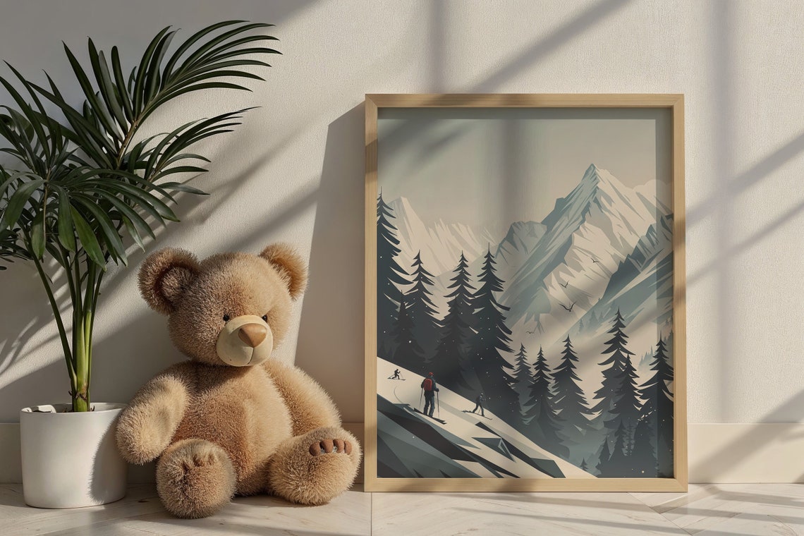 Skiers Climbing Snowy Slope Pine Forest Mountain Winter Travel Poster - Image 6