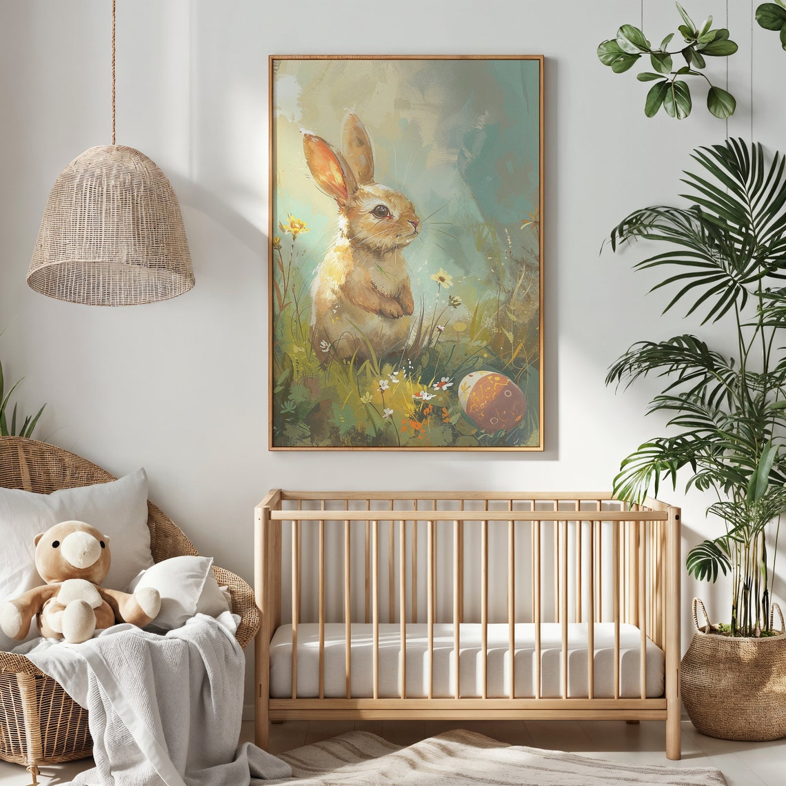 Golden Bunny Watercolor Meadow Wildflower Easter Egg Nursery Poster - Image 2