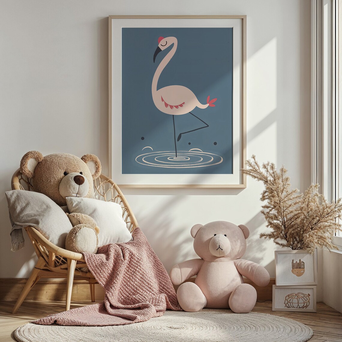 Pink Flamingo One Leg Water Ripples Dark Teal Kids Nursery Art Poster - Image 3