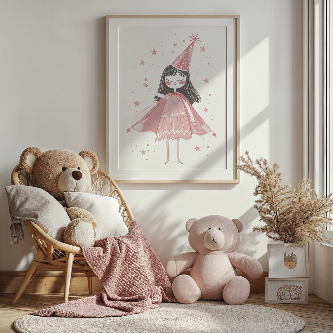 Magical Birthday Girl Pink Party Hat Stars Nursery Watercolor Poster - Image 2