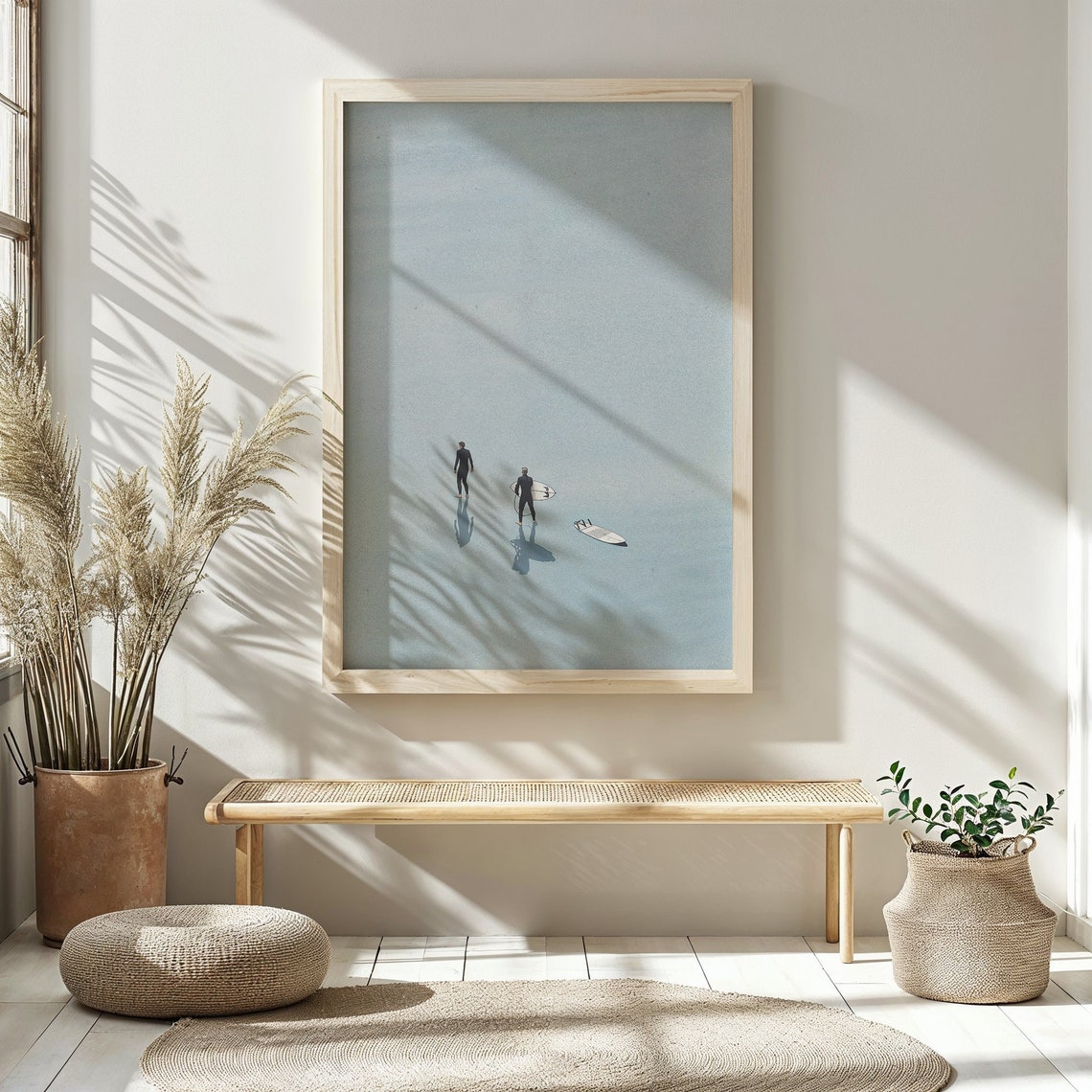 Three Surfers Aerial Beach Walk Minimalist Coastal Fine Art Poster