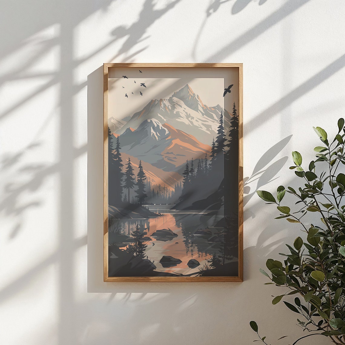 Mountain Lake Reflection Pine Forest Birds Dusk Landscape Poster - Image 3