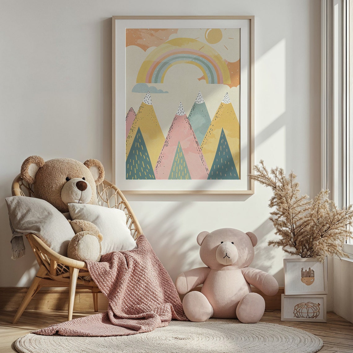 Rainbow Over Pastel Mountain Peaks Cheerful Playful Nursery Art Poster - Image 3