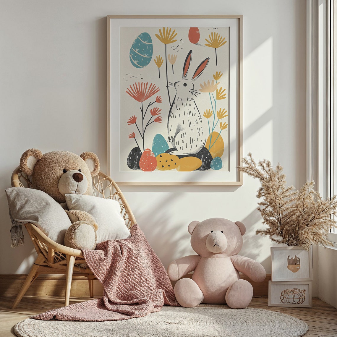 Tall Bunny Silhouette Wildflowers Colorful Eggs Scandinavian Poster - Image 2