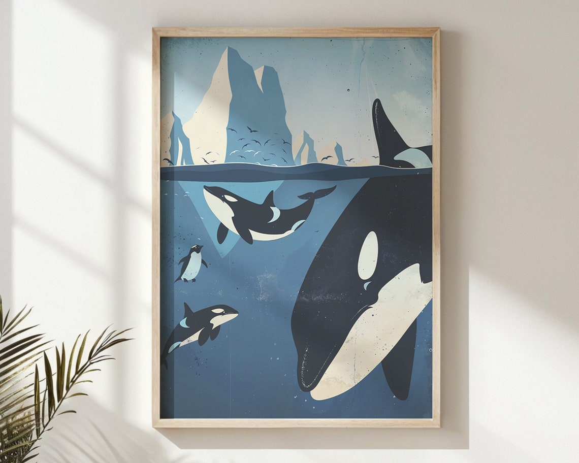 Orcas Penguins Underwater Icebergs Arctic Ocean Split View Poster