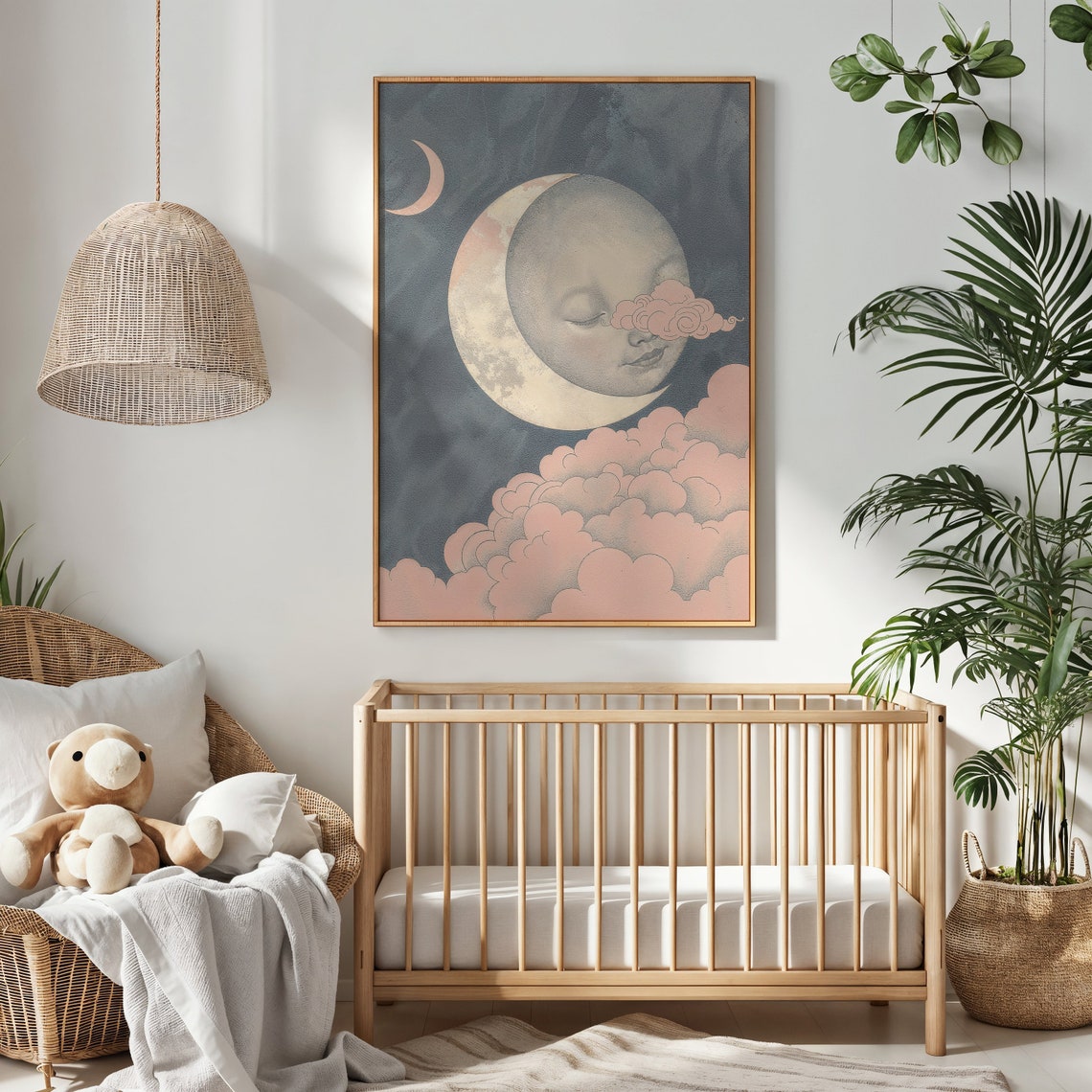 Dreamy Moon Face Resting On Crescent With Pink Clouds Night Sky Poster - Image 3