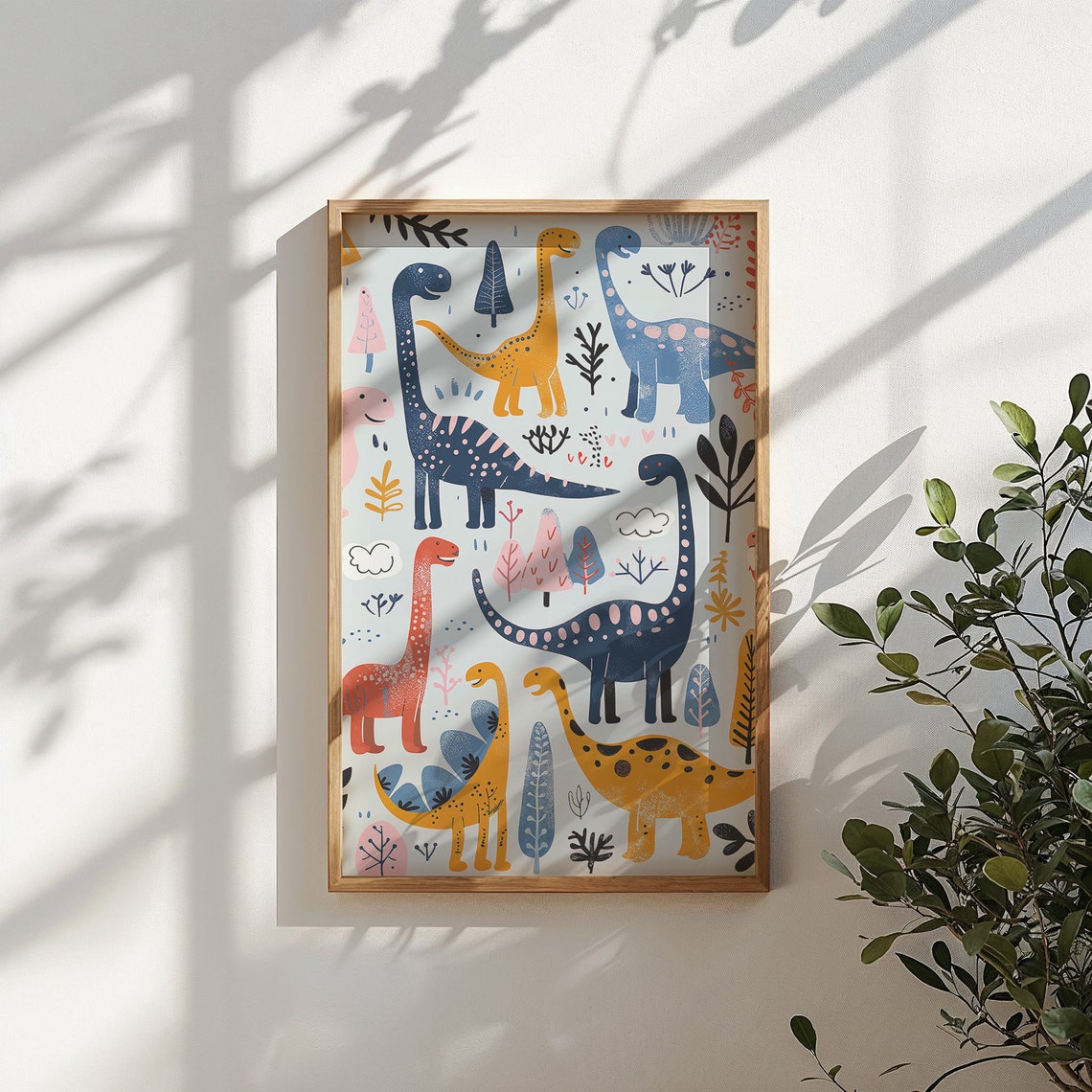 Colorful Long Neck Dinosaurs Pattern White Kids Room Nursery Poster - Image 4