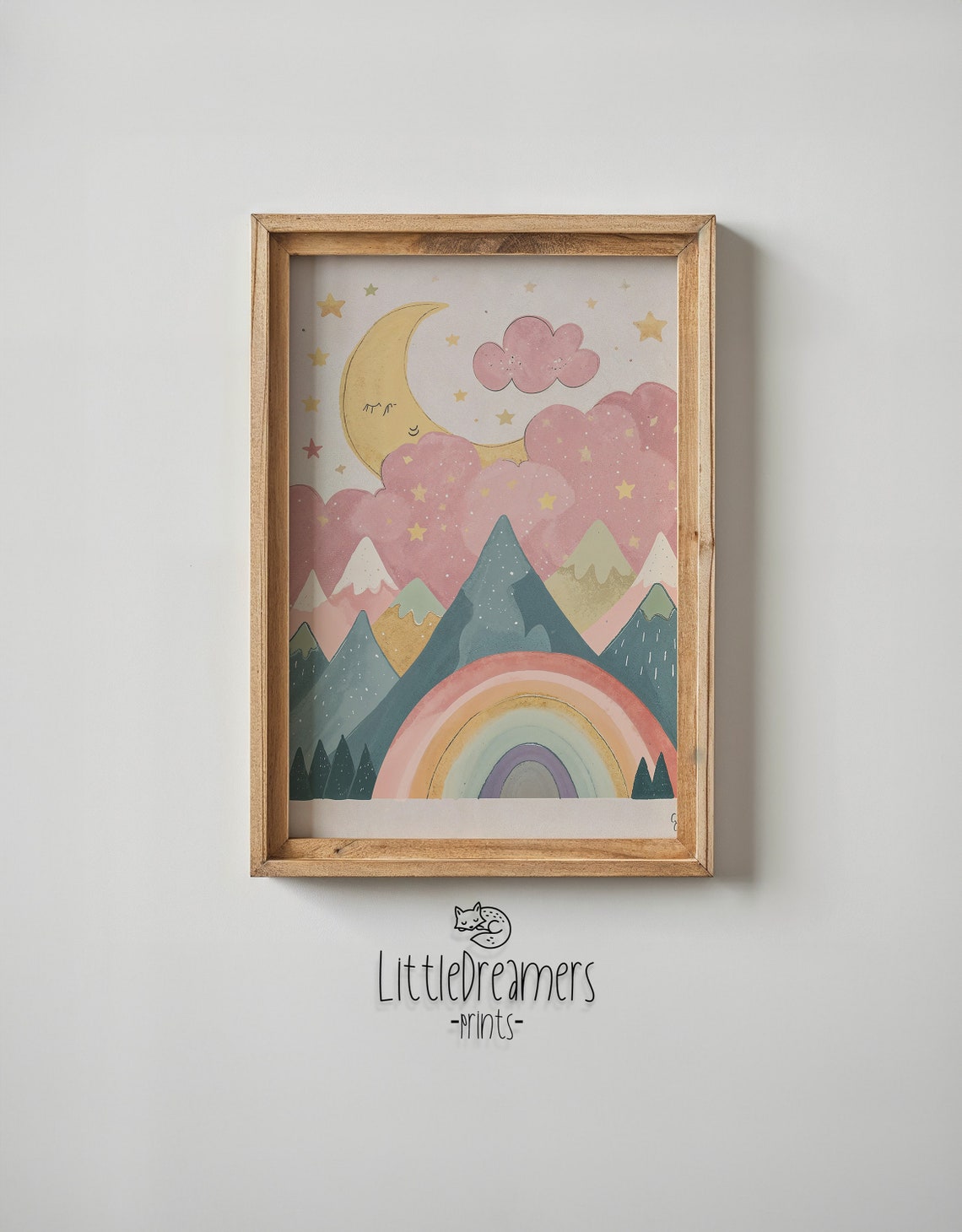 Dreamy Moon Rainbow Mountains Stars Watercolor Nursery Kids Poster - Image 5