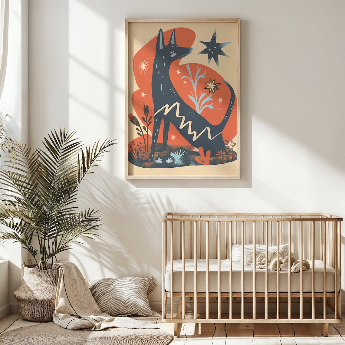 Sitting Black Dog Sunset Stars Bold Folk Art Animal Wall Poster