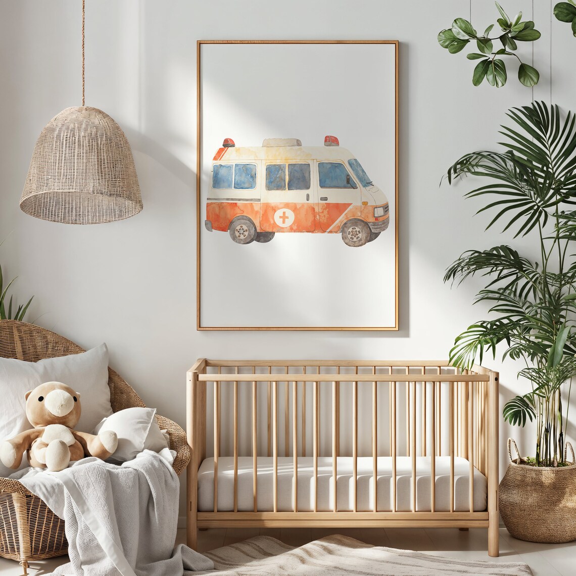 Red White Watercolor Ambulance Van Red Cross Kids Room Wall Poster - Image 2