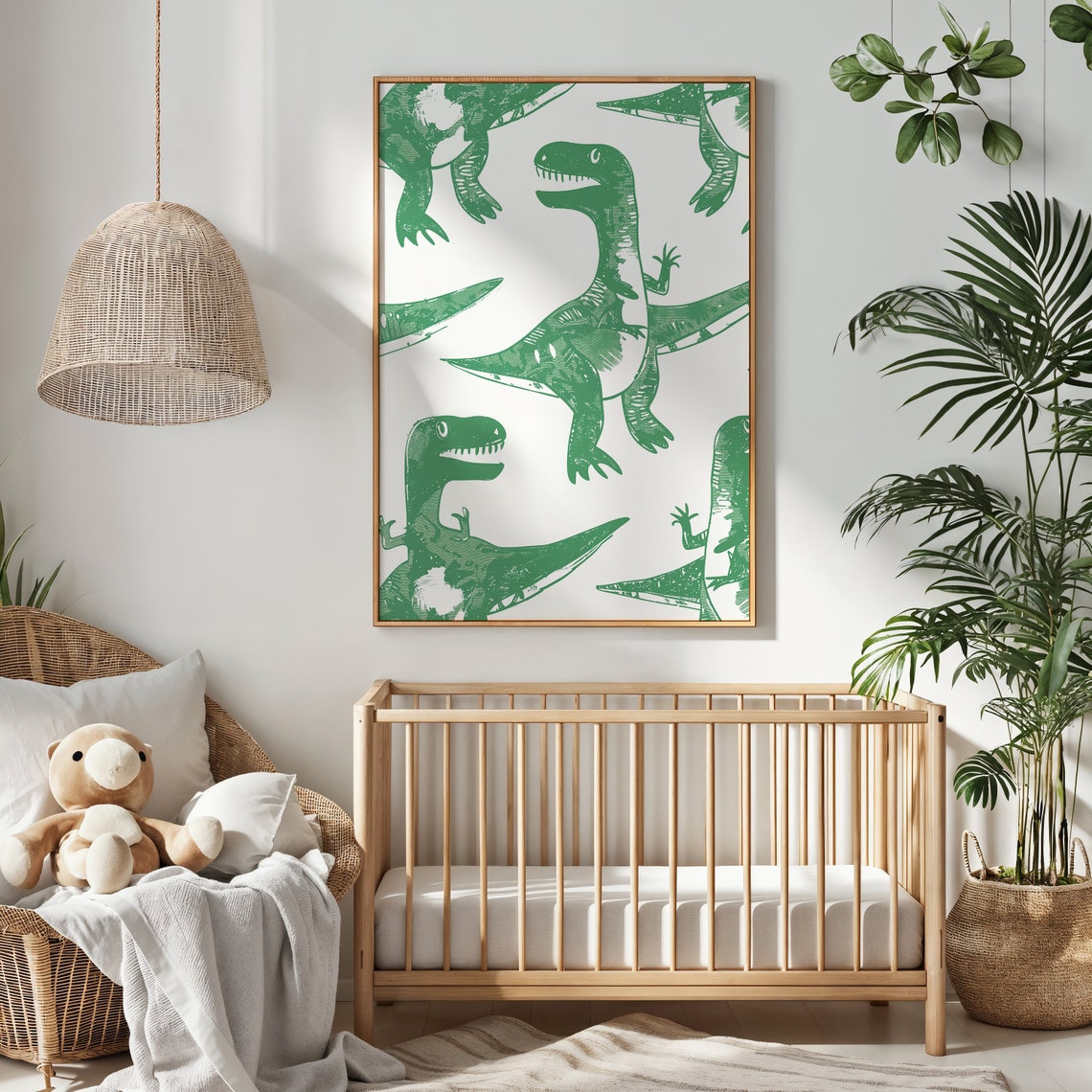 Bright Green Raptor Linocut Pattern White Nursery Kids Room Art Poster - Image 2