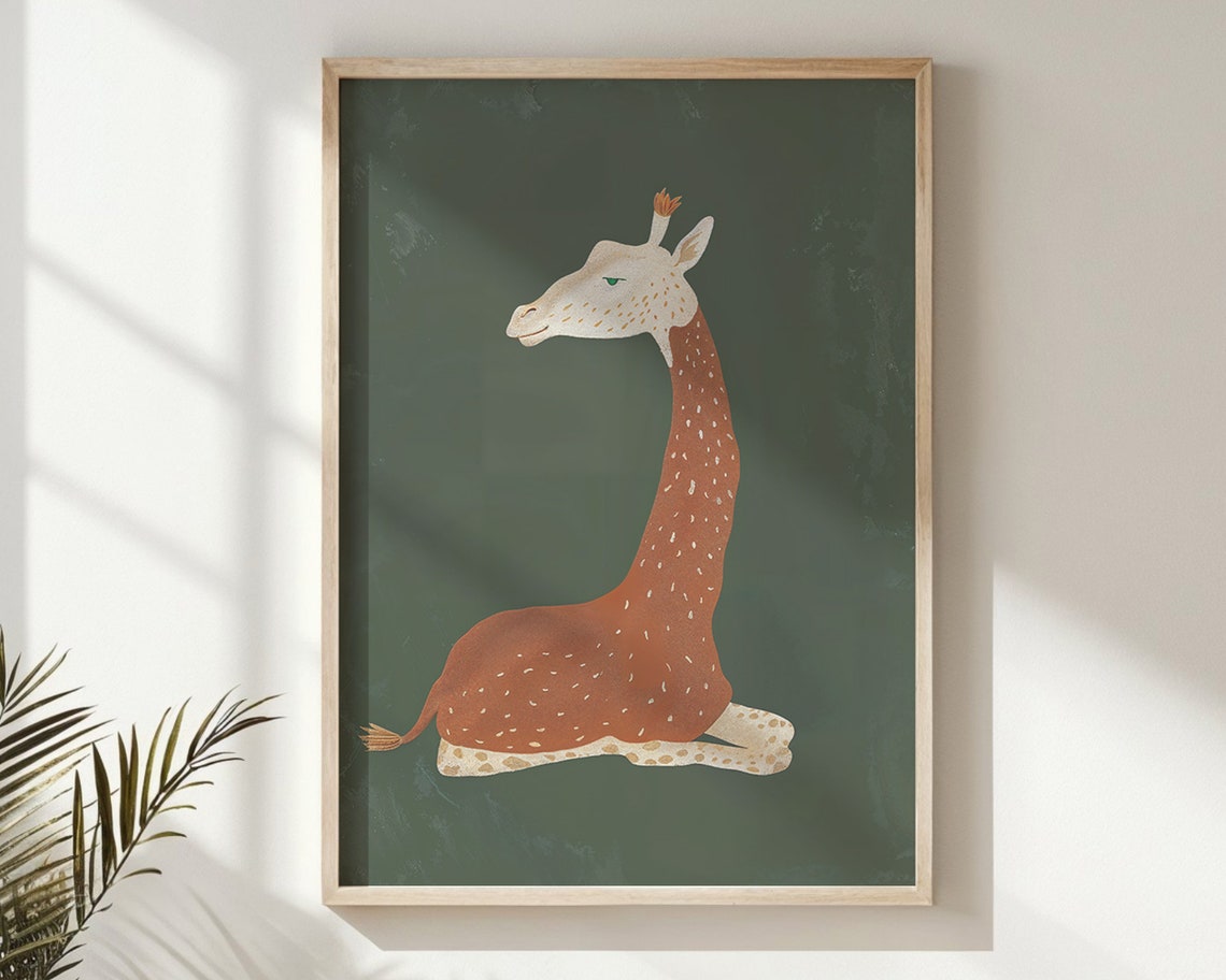 Resting Giraffe Rust Brown Spots On Forest Green Nursery Safari Poster - Image 6