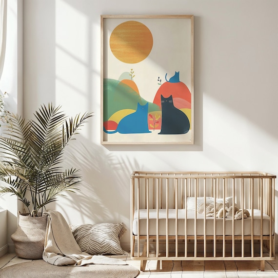 Three Cats Silhouette Sunset Hills Abstract Minimalist Poster