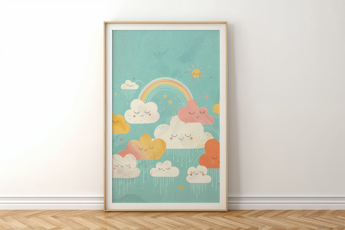Smiling Clouds Rainbow Nursery Wall Art Kids Room Decor Whimsical Weather Poster Artwork Gift - Image 6