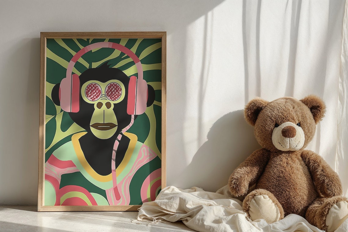 Cool Monkey Wearing Pink Headphones Psychedelic Jungle Music Art Print - Image 6