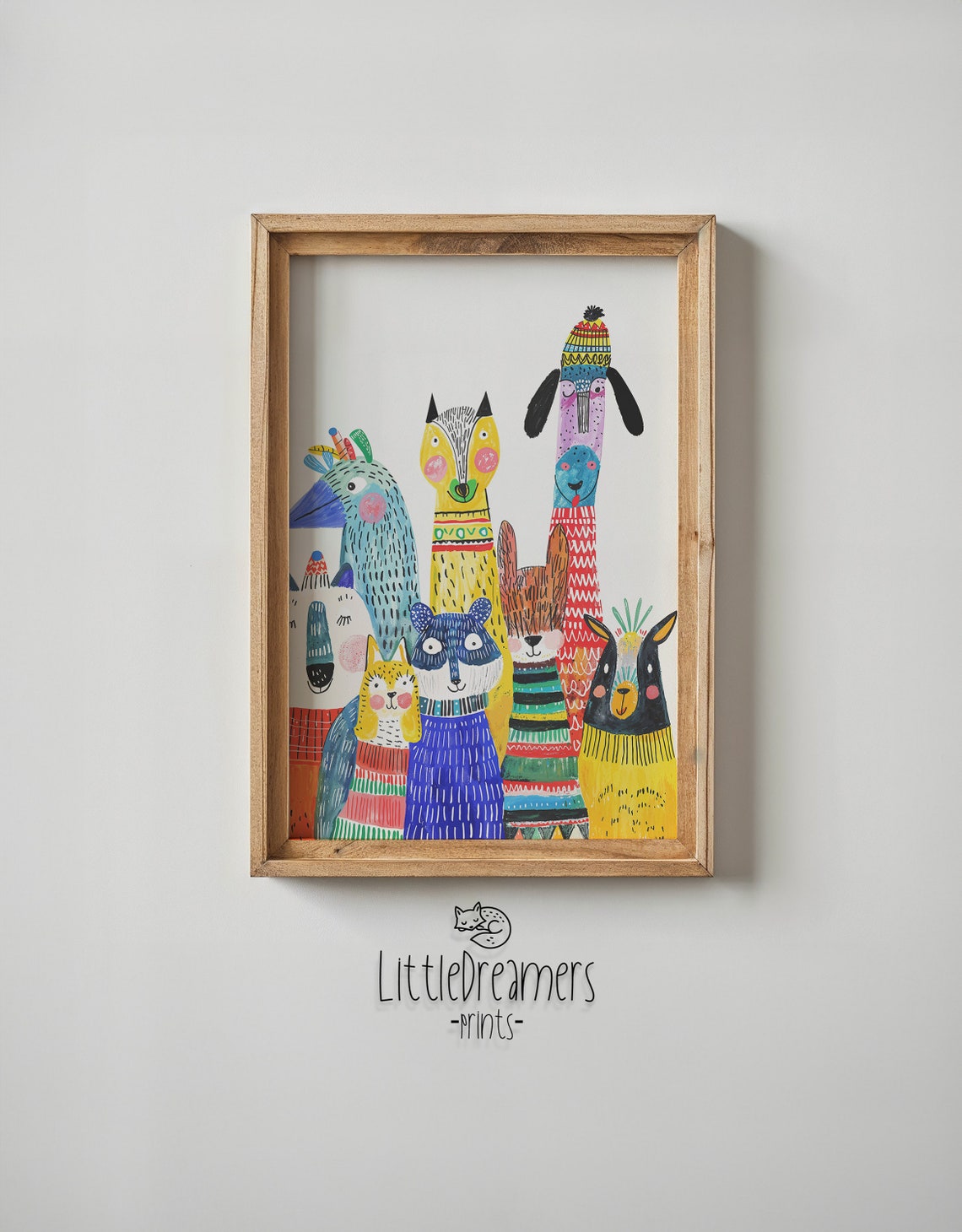 Colorful Quirky Animal Friends Whimsical Tall Creatures Nursery Poster