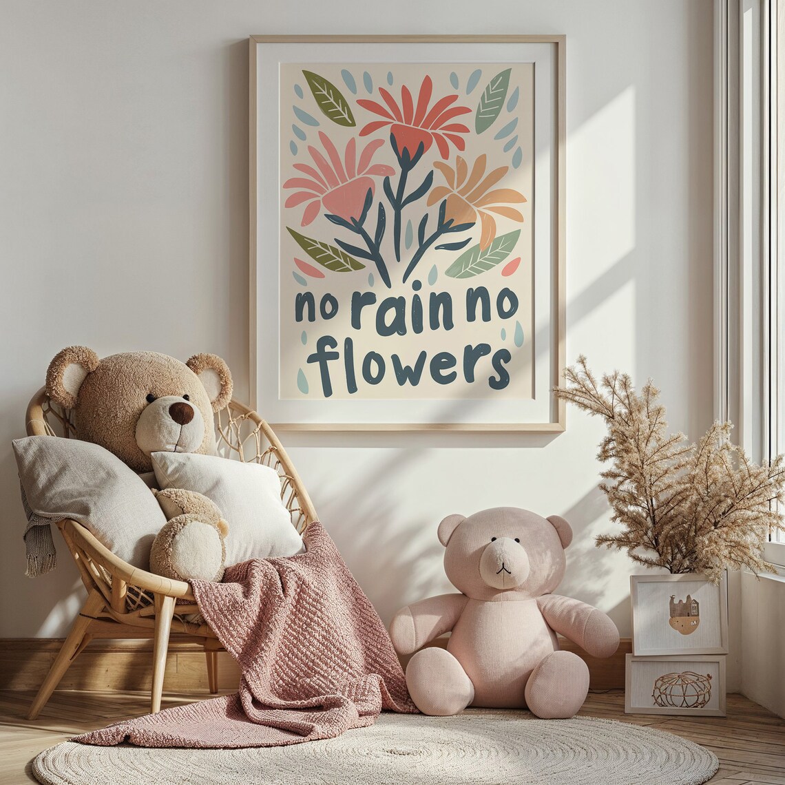 No Rain No Flowers Floral Nursery Quote Kids Room Decor Print - Image 2