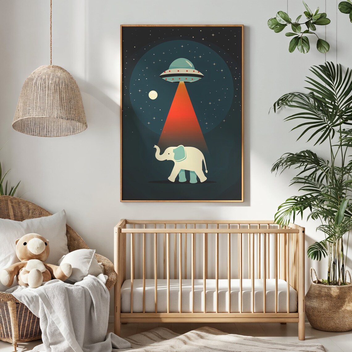 Cute Elephant UFO Abduction Red Beam Retro Space Kids Wall Art Poster - Image 3