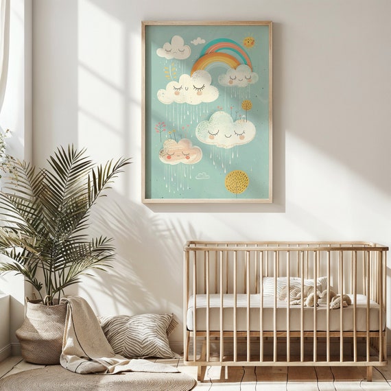 Smiling Clouds Rainbow Nursery Wall Art Playful Sun And Rain Drops Kids Poster Weather Decor Cheerful Sky Theme Nursery Decor Gift