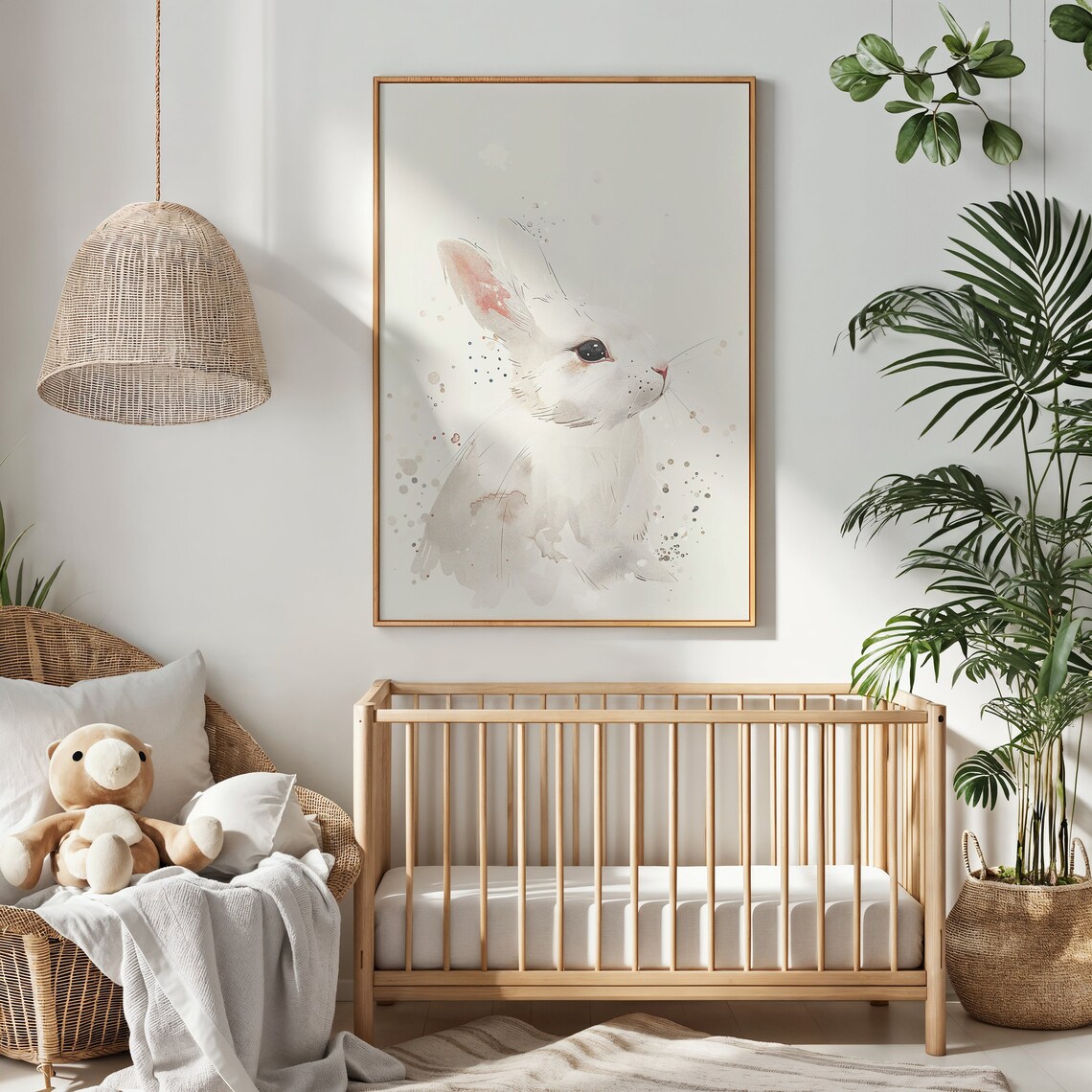 White Bunny Portrait Gentle Watercolor Cream Neutral Kids Room Poster - Image 2