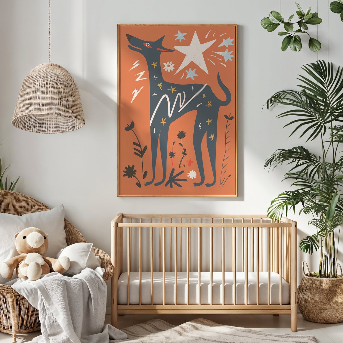 Bold Black Dog Orange Starry Sky Folk Art Animal Wall Poster - Image 3