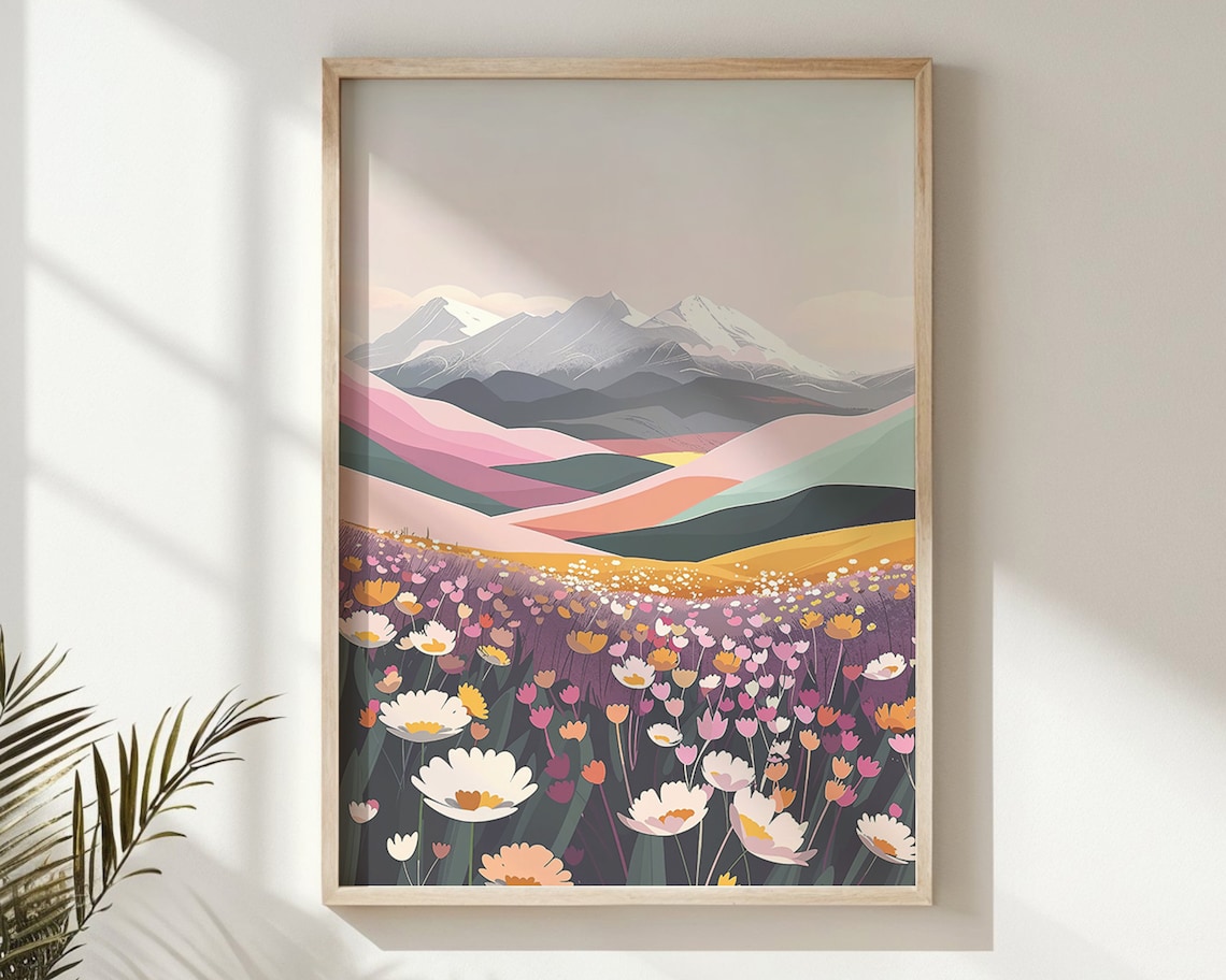 Pastel Wildflower Field Layered Mountains Landscape Art Wall Poster