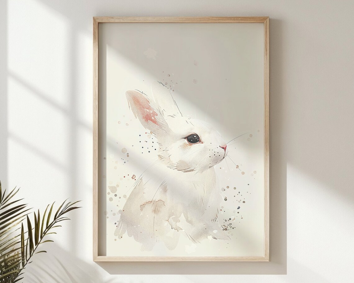 White Bunny Portrait Gentle Watercolor Cream Neutral Kids Room Poster