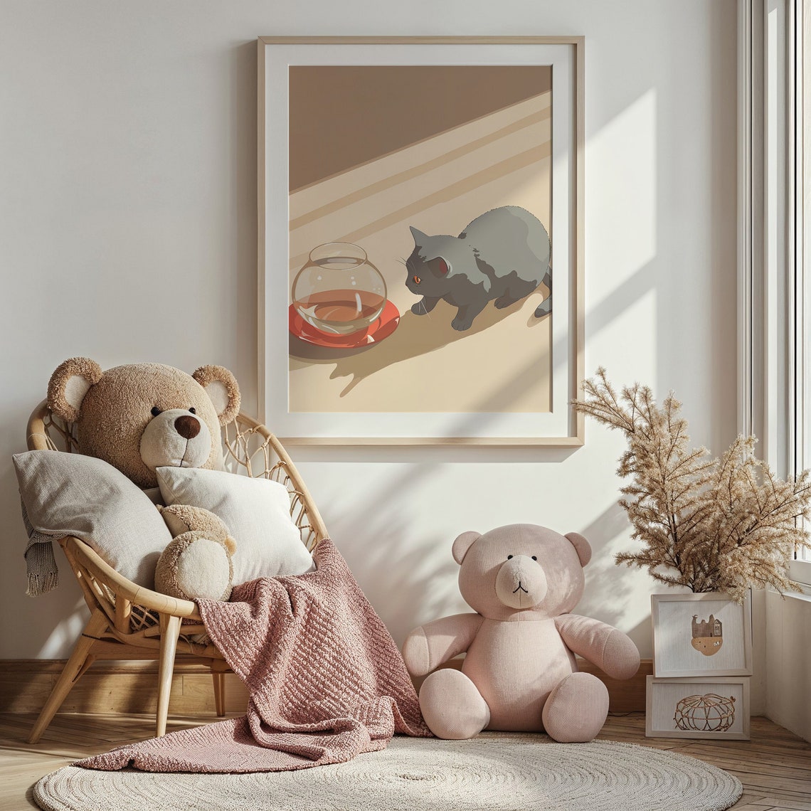 Grey Cat Watching Fishbowl Curious Kitty Retro Beige Nursery Poster - Image 4