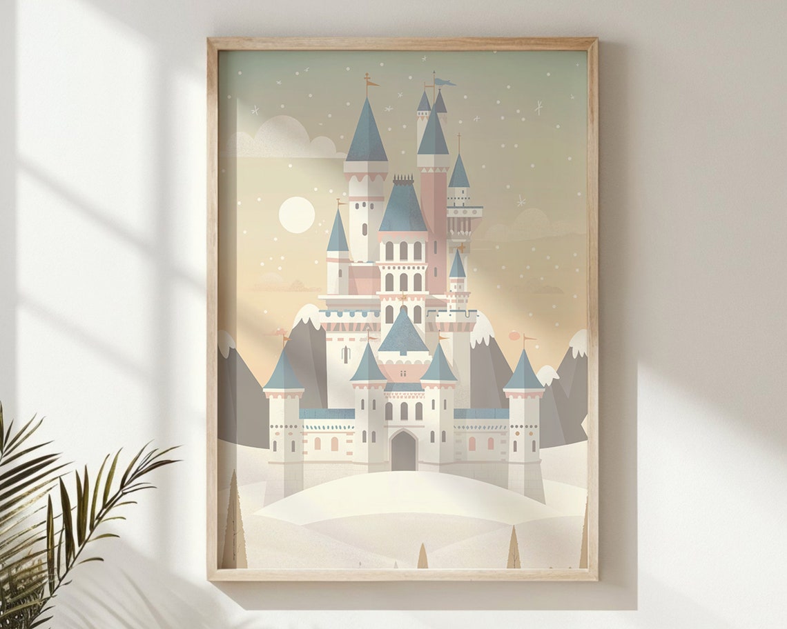 Snowy Pastel Fairytale Castle On Hill Blue Spires Princess Poster - Image 6