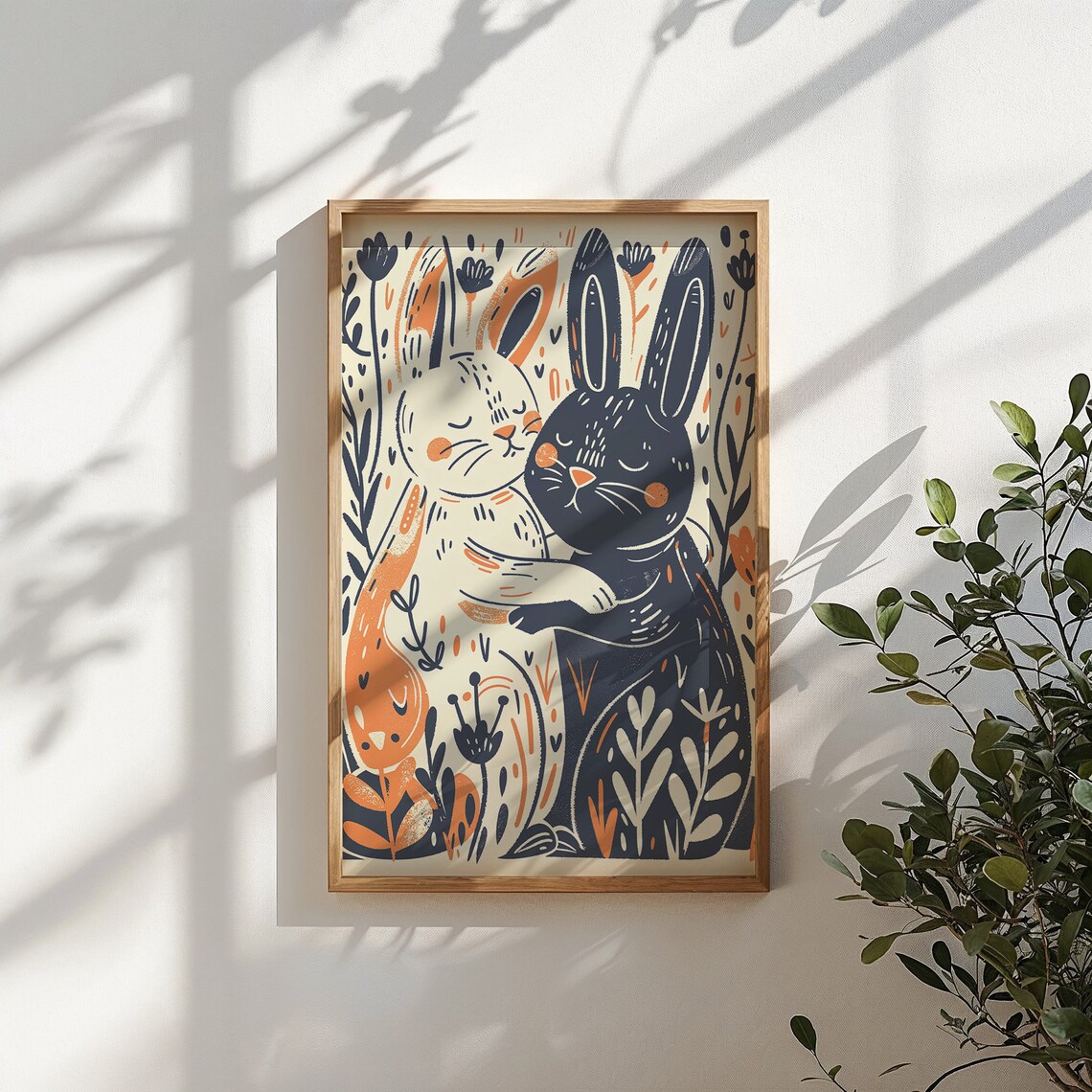 Two Bunnies Hugging Floral Illustration Whimsical Easter Wall Art Poster - Image 5