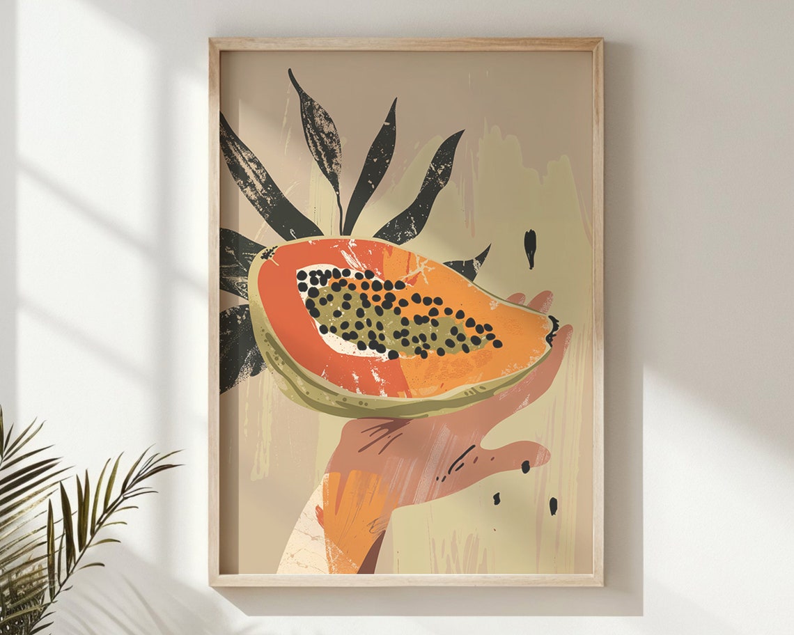 Hand Holding Papaya Half Tropical Leaves Retro Boho Kitchen Poster - Image 6