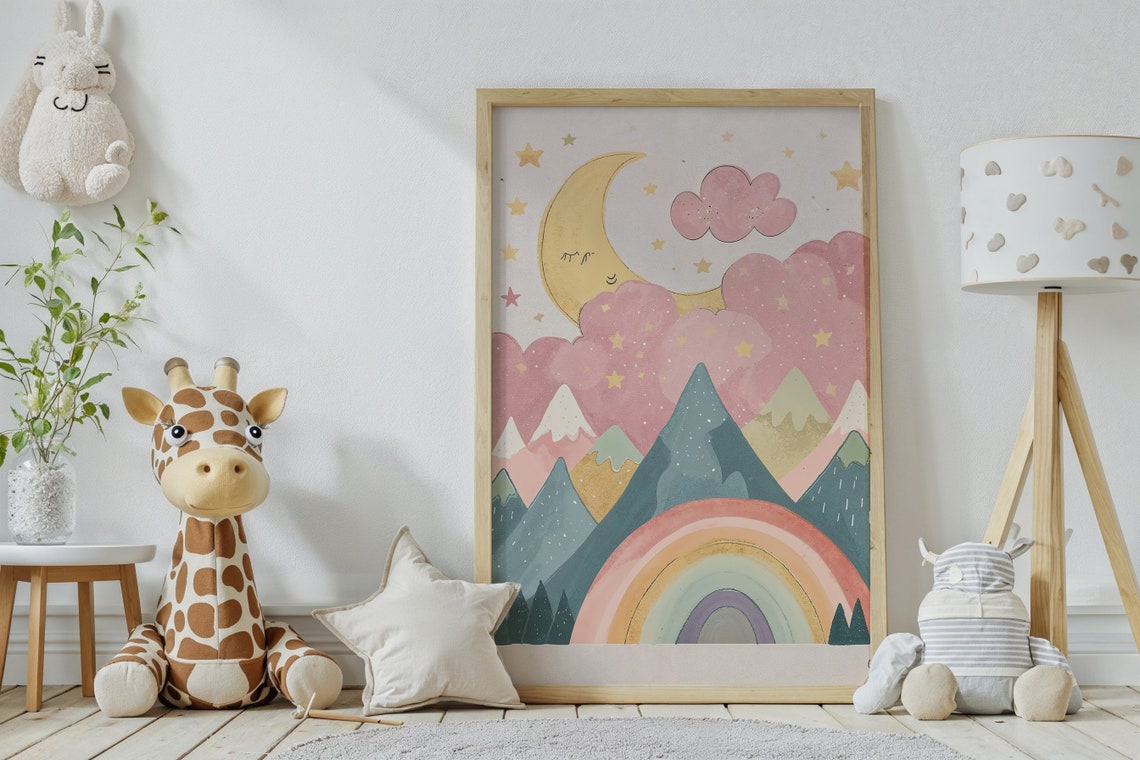 Dreamy Moon Rainbow Mountains Stars Watercolor Nursery Kids Poster - Image 4