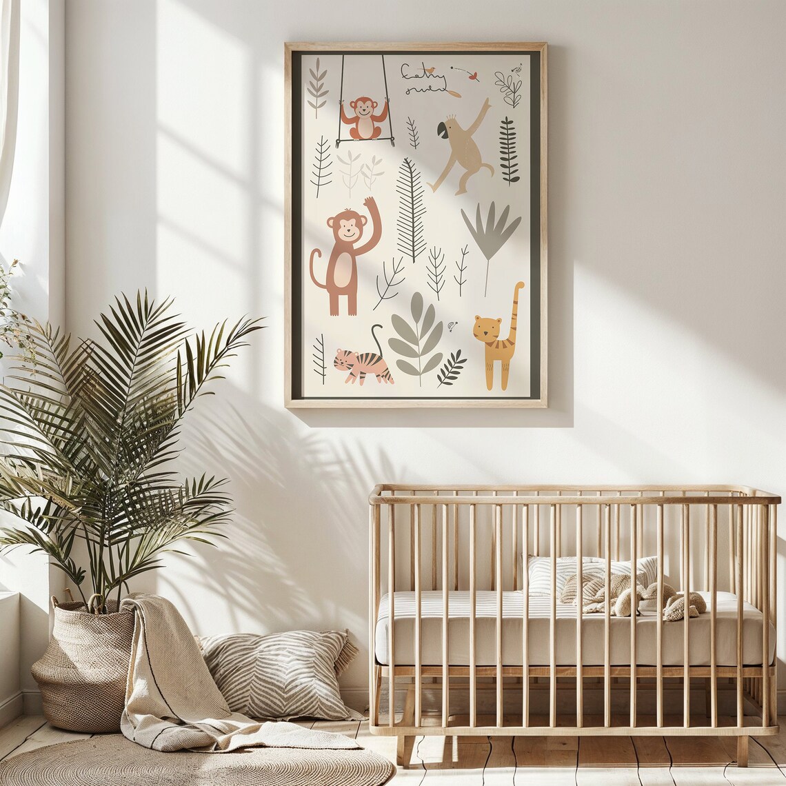 Jungle Monkeys Tigers Nursery Poster Botanical Leaves Kids Safari Art