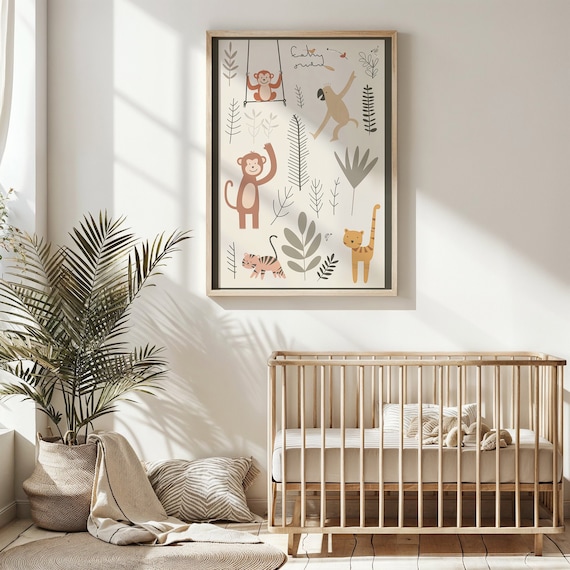 Jungle Monkeys Tigers Nursery Poster Botanical Leaves Kids Safari Art