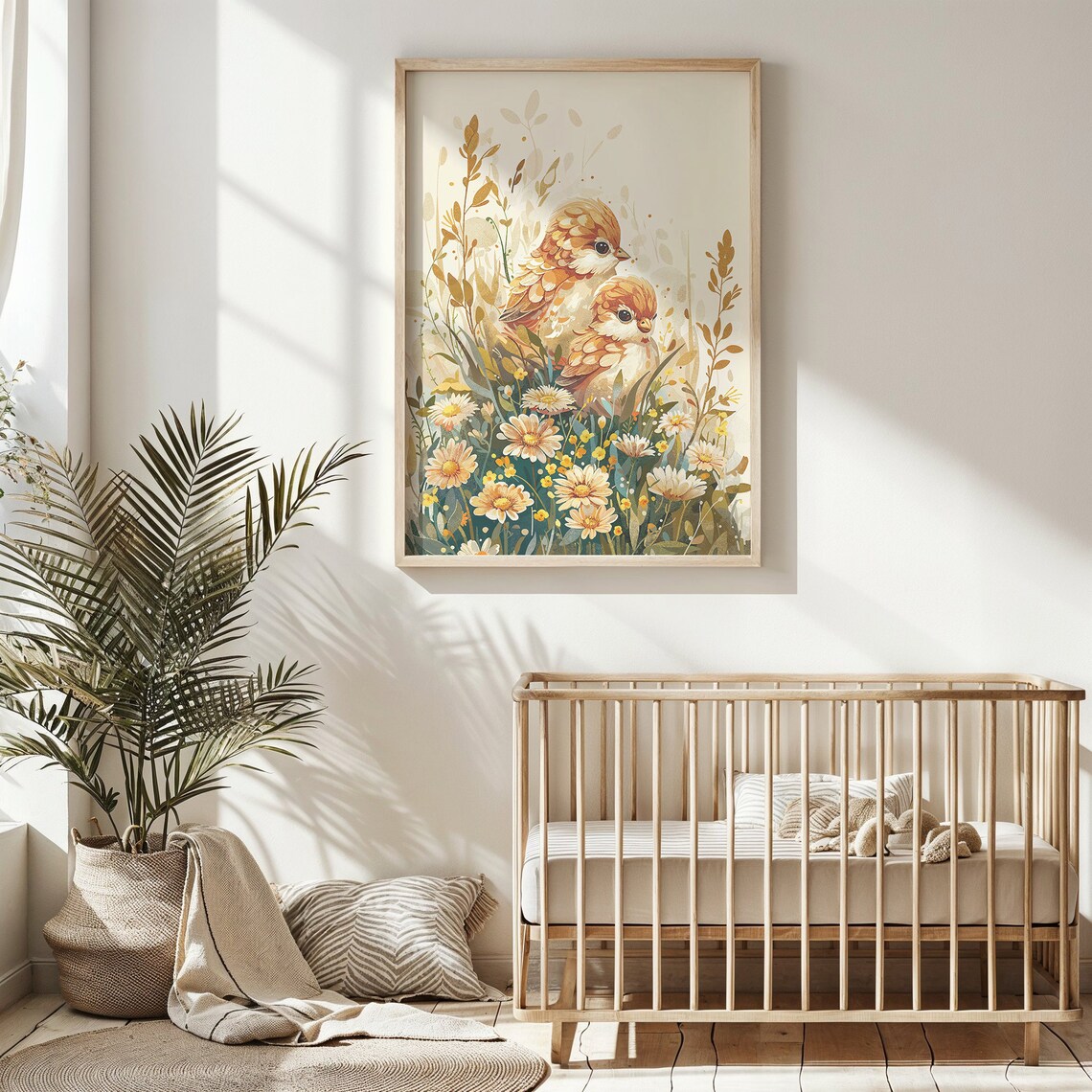 Two Baby Birds Daisy Meadow Watercolor Floral Spring Nursery Poster - Image 4