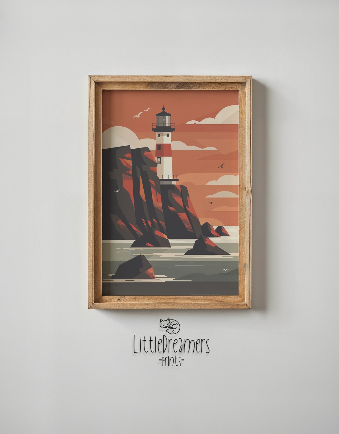 Lighthouse Red Cliffs Rocky Islets Orange Sky Seagulls Vintage Poster - Image 5