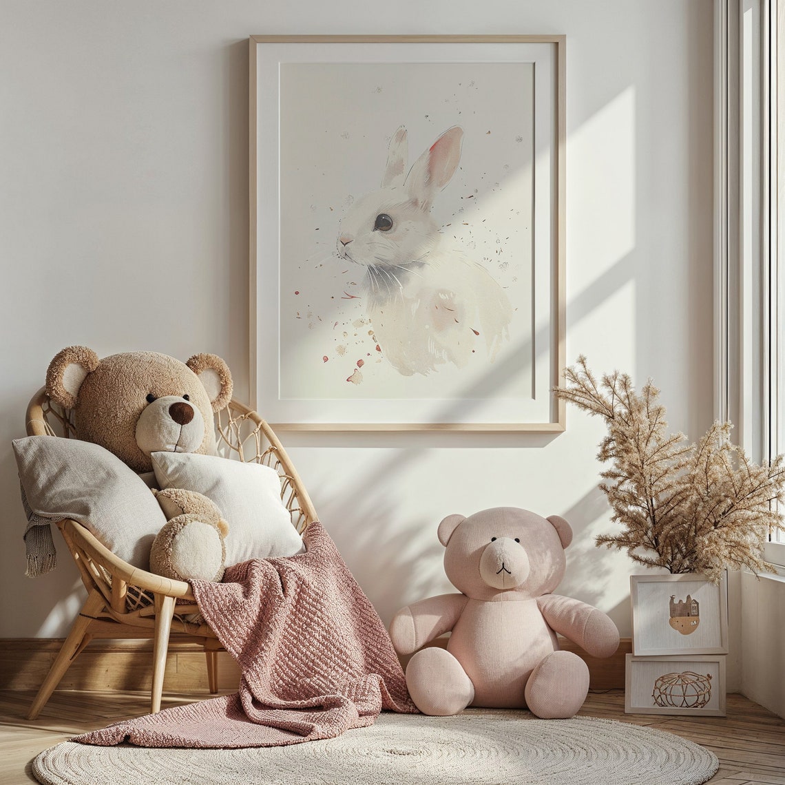White Bunny Watercolor Portrait Minimalist Neutral Nursery Poster - Image 2