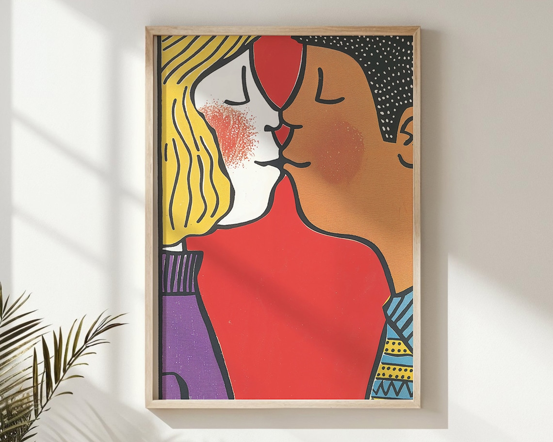 Couple Kiss Abstract Pop Art Love Embrace Colorful Modern Wall Poster