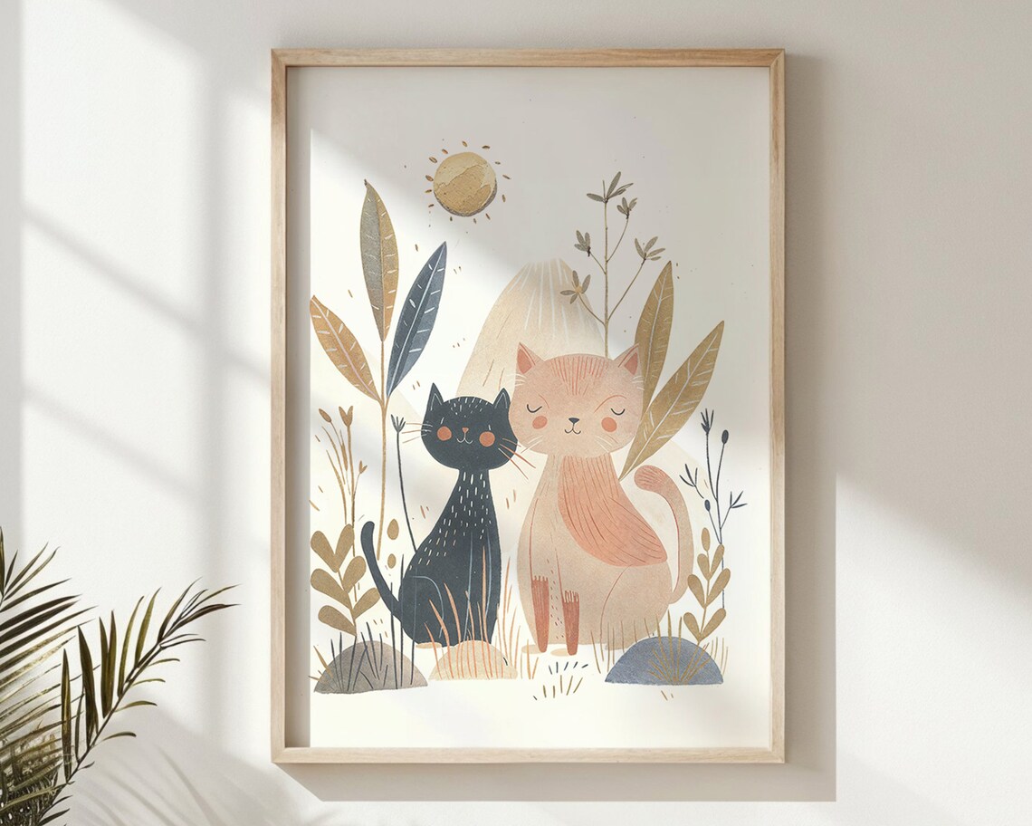 Two Cats in Nature, Whimsical Nursery Art Print