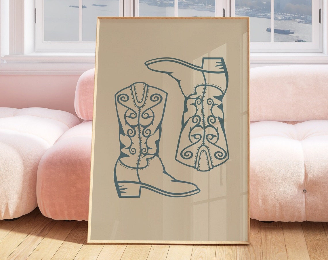 Western Cowboy Boots Blue Line Illustration on Warm Tan Art Poster