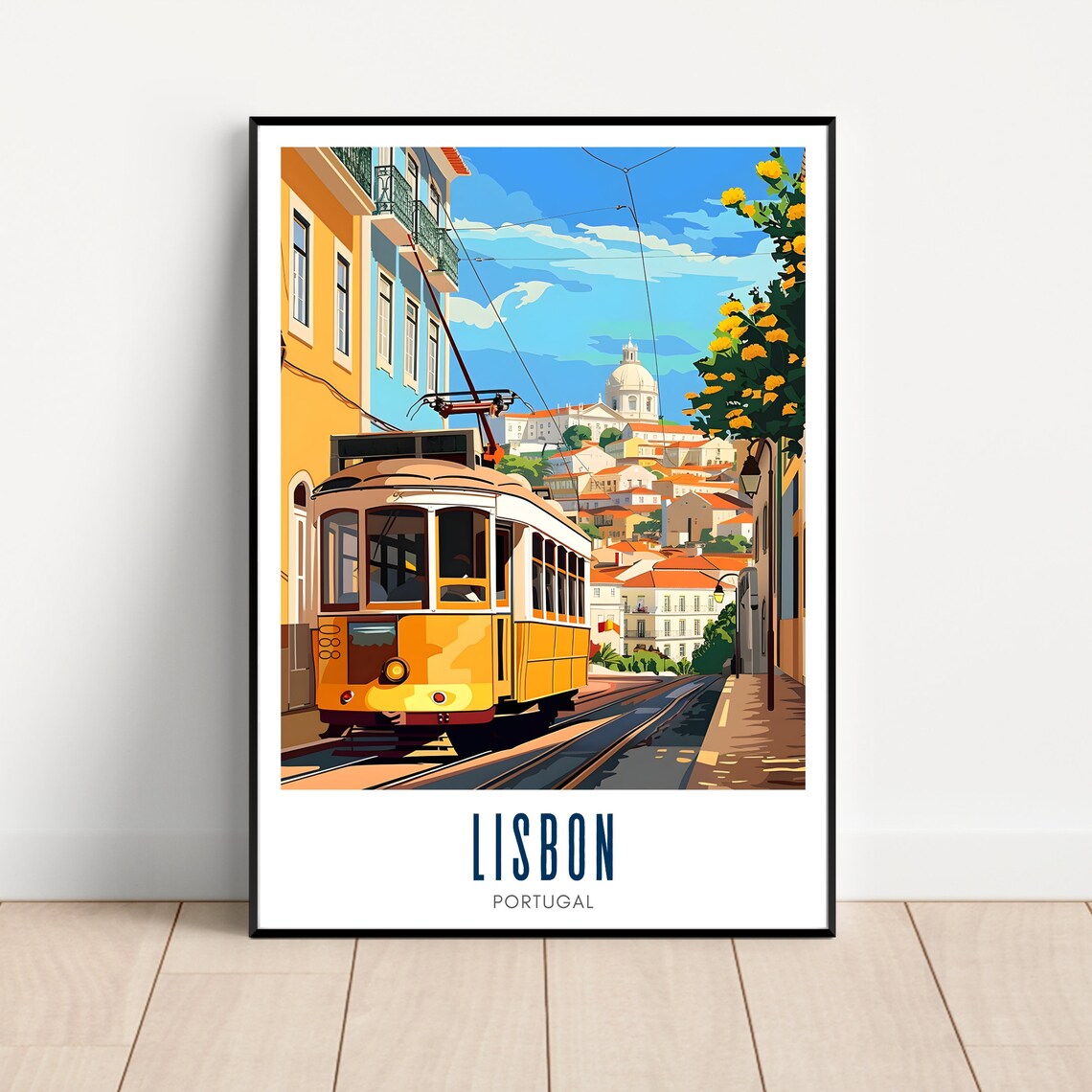 Lisbon Portugal Yellow Tram Hillside Street Vintage Travel Poster