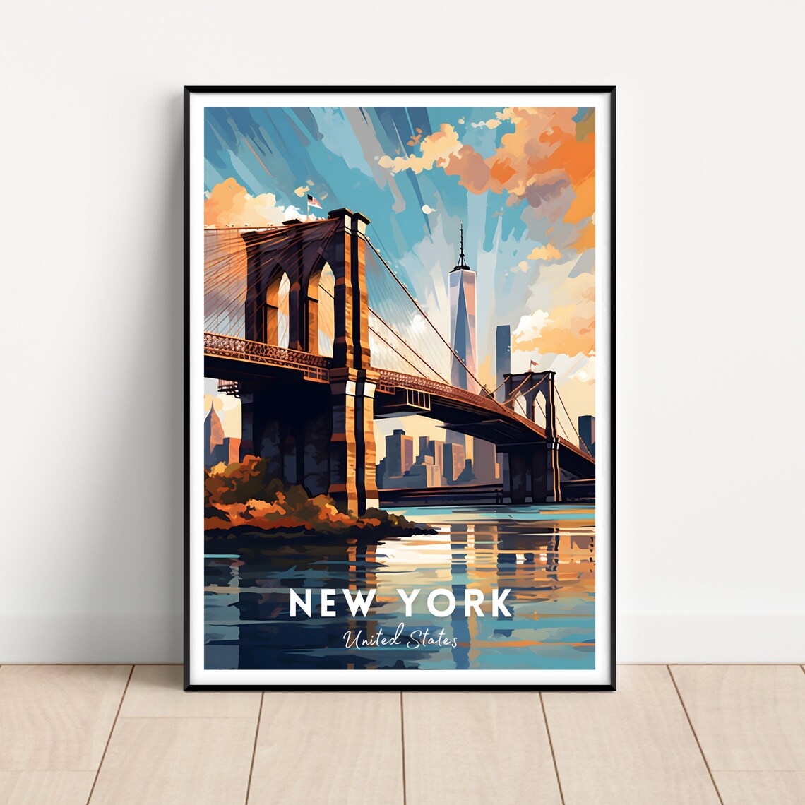 New York United States Brooklyn Bridge Skyline Retro Travel Poster