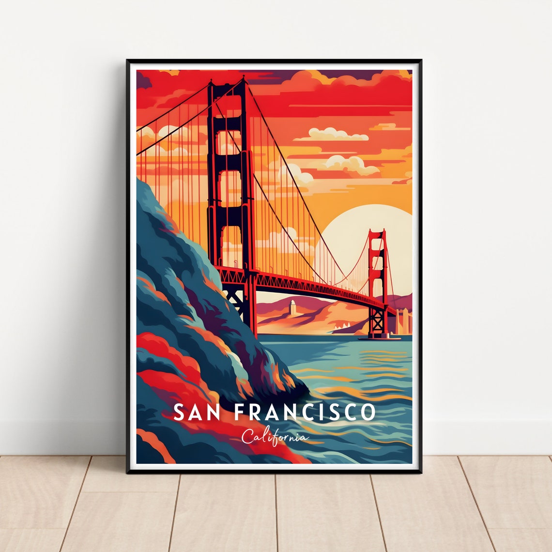 San Francisco California Golden Gate Bridge Sunset View Travel Poster