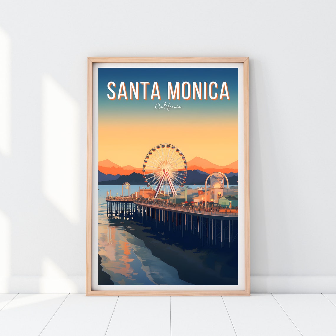Santa Monica Pier Sunset Ferris Wheel California Travel Art Poster - Image 2